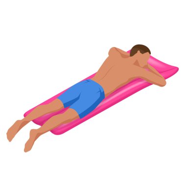 Büyük yüzme havuzunda şişme yataktaki Isome 'lı genç adam. Yaz tatili cennet gibi. Güneşlenmenin tadını çıkarıyorum. Tatil kavramı.