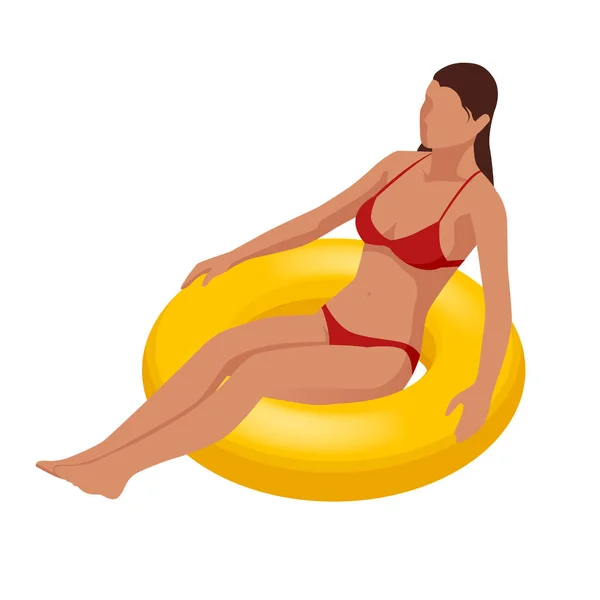 Jeune femme isométrique sur matelas gonflable dans la grande piscine. Vacances d'été idyllique. Profitant du bronzage. Concept de vacances. — Image vectorielle