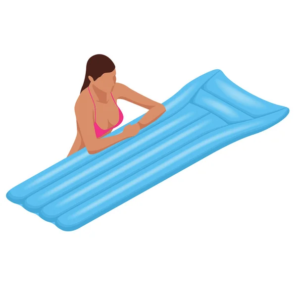 Isometrische junge Frau auf Luftmatratze im großen Swimmingpool. Sommerurlaub idyllisch. Sonnenbräune genießen. Urlaubskonzept. — Stockvektor