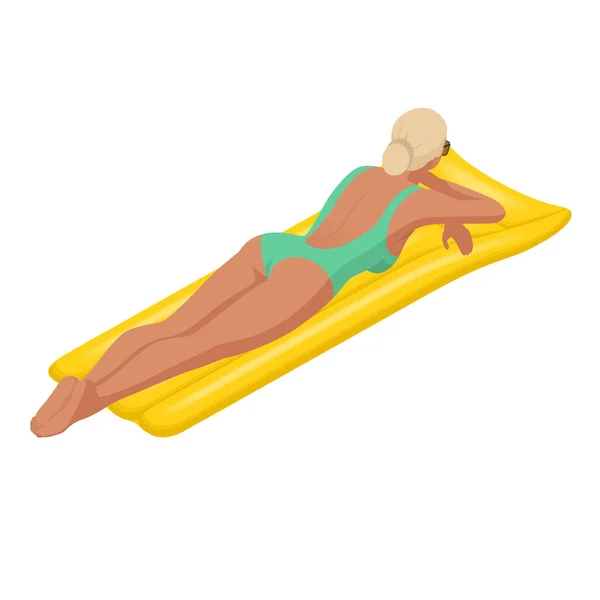 Jeune femme isométrique sur matelas gonflable dans la grande piscine. Vacances d'été idyllique. Profitant du bronzage. Concept de vacances. — Image vectorielle