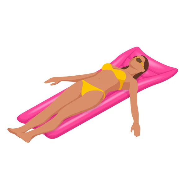 Jeune femme isométrique sur matelas gonflable dans la grande piscine. Vacances d'été idyllique. Profitant du bronzage. Concept de vacances. — Image vectorielle