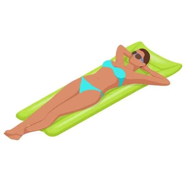 Isometryczna młoda kobieta na materacu w dużym basenie. Letnie wakacje idylliczny. Cieszymy się opalenizną. Koncepcja urlopu. — Wektor stockowy