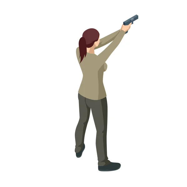 Mujer isométrica con un arma en la mano yolada en blanco. Policía masculino, espía o delincuente detenido. Vista trasera — Vector de stock