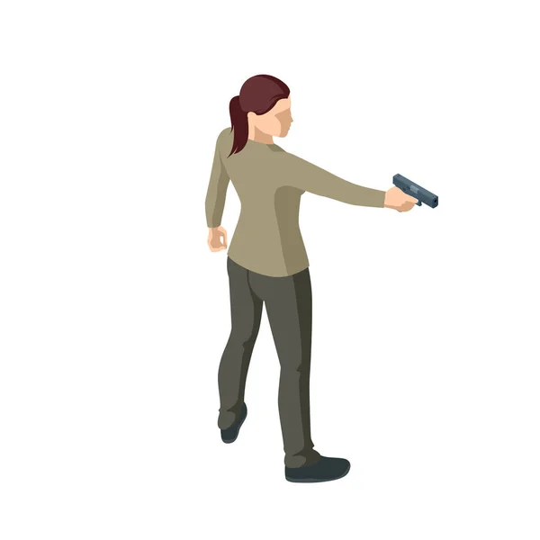 Donna isometrica con una pistola in mano, iolata sul bianco. Poliziotto, spia o detenuto. Vista posteriore — Vettoriale Stock
