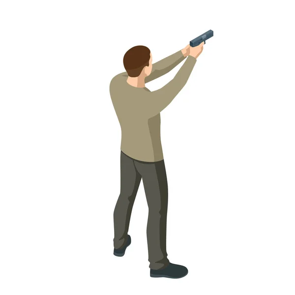 Isometric man with a gun in his hand iolated on white. Male policeman, spy or criminal holding. Back view — Stock Vector