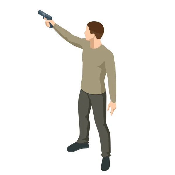 Isometrischer Mann mit einer Waffe in der Hand, die auf weiß gedruckt ist. Männlicher Polizist, Spion oder Verbrecher. Frontansicht. — Stockvektor