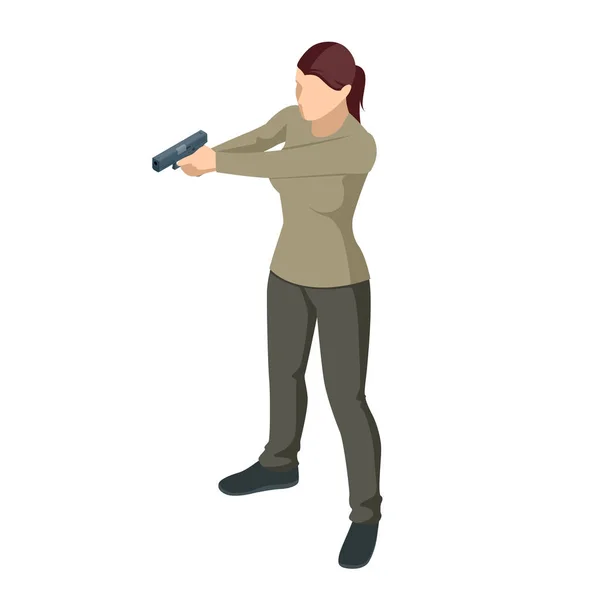 Isometrische Frau mit einer Waffe in der Hand, die auf weiß gedruckt ist. Männlicher Polizist, Spion oder Verbrecher. Frontansicht — Stockvektor