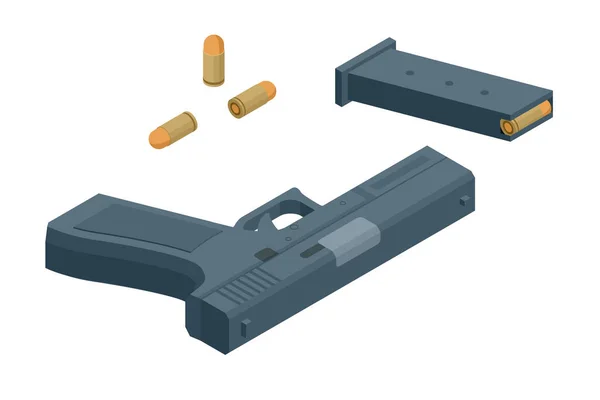 Pistola isometrica isolata su sfondo bianco. Simbolo dell'arma. Pistola con munizioni. — Vettoriale Stock