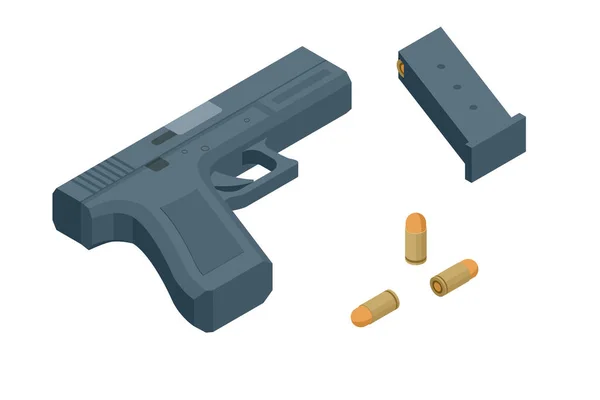 Pistola isométrica isolada sobre fundo branco. Símbolo da arma. Arma com munição. —  Vetores de Stock