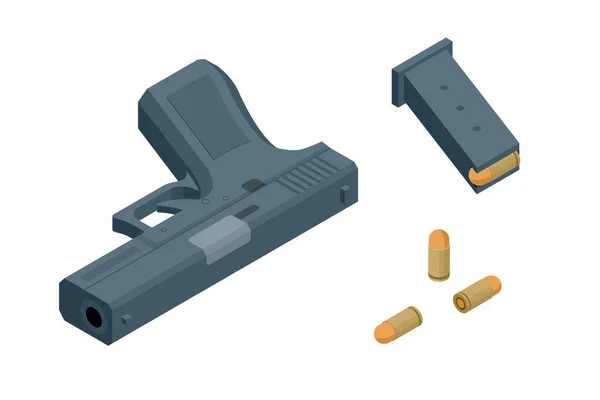 Pistola isometrica isolata su sfondo bianco. Simbolo dell'arma. Pistola con munizioni. — Vettoriale Stock