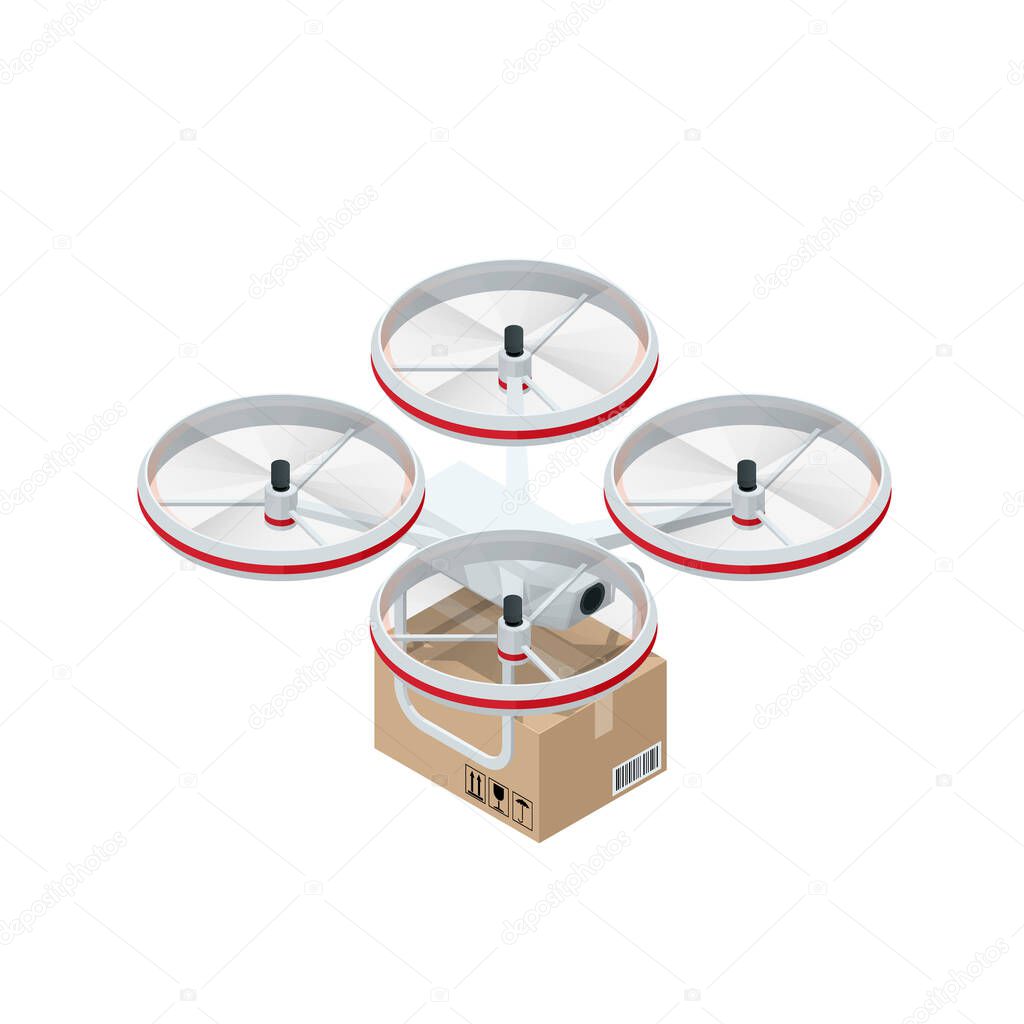 Isometric Drone Delivery. Quadcopter carrying a package to customer. Delivery of a cardboard box drone by air isolated on white background.