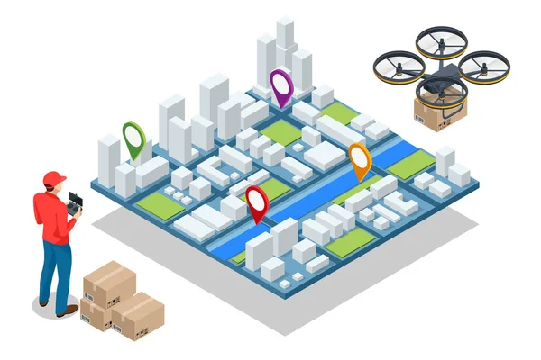 Isometryczne miasto dostawy dronów. Quadcopter przewożący paczkę do klienta. Dostawa kartonowego pudełka wykonanego powietrzem izolowanym na białym tle. — Wektor stockowy
