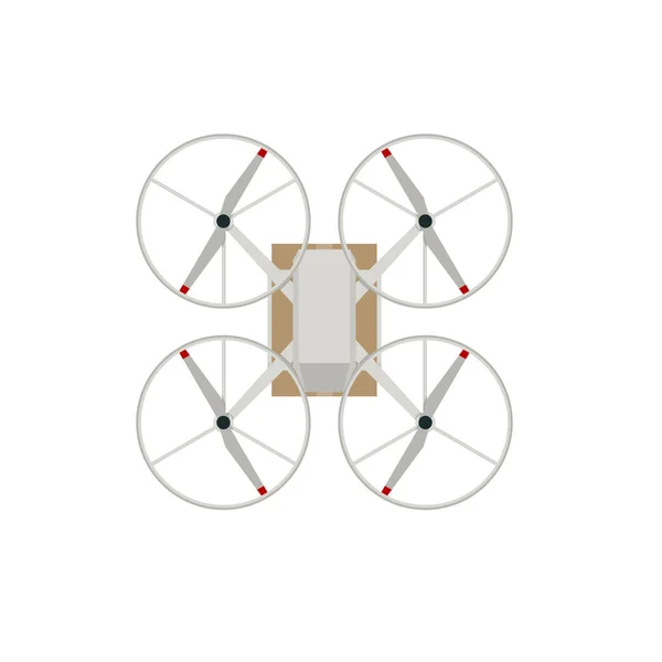 Consegna di droni. Quadcopter che trasporta un pacco al cliente. Consegna di un drone scatola di cartone da aria isolata su sfondo bianco. Vista dall'alto — Vettoriale Stock