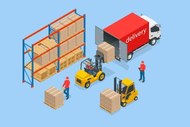 Forkliftleri ve kamyoneti olan Isome büyük modern bir depo. Depo Deposu ve Dağıtım. Web sitesi ya da şirketinizin iniş sayfası için şablona hazır olun. Düz izole vektör illüstrasyonunu sakla.