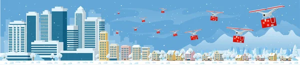 Drony s doručováním vánočních dárků ve městě a padání sněhu. Doručují drony domů. Dary v jasných krabicích. Zimní město zasněžené centrum s mrakodrapy obchodní budovy — Stockový vektor