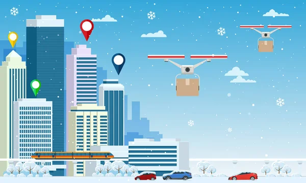 Drónok karácsonyi ajándékokkal a városban és havazik. Drónokkal szállítanak haza. Ajándékok fényes dobozokban. Téli város havas belváros felhőkarcolók üzleti épületek — Stock Vector