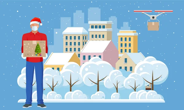 带着圣诞礼物，头戴面具，手里拿着圣诞礼帽，手里拿着盒子，下着雪的无人机的无人机。送回家去了礼物放在明亮的盒子里。冬城. — 图库矢量图片