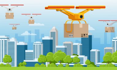 Karton kutulu kargo uçağı şehrin üzerinde uçuyor. Quadcopter müşteriye bir paket taşıyor. Teknolojik sevkiyat yeniliği. Drone dağıtım servisi .