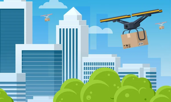 Drone de entrega com a caixa de papelão voando sobre a cidade. Quadcopter carregando um pacote para o cliente. Inovação tecnológica na expedição. Serviço de entrega de drones . —  Vetores de Stock