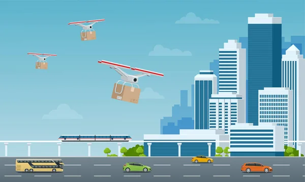 Doručovací dron s lepenkovou krabicí letící nad městem. Quadcopter nesoucí balíček zákazníkovi. Inovace technologické dodávky. Doručení dronu . — Stockový vektor