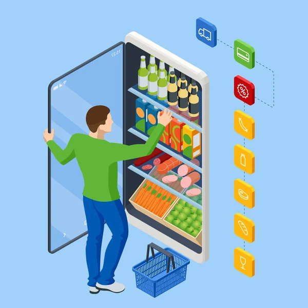 Isometric Grocery Supermarché, Aliments et Manger en ligne Achat et livraison. Concept de commerce électronique commander des aliments en ligne site. Prestation de soins de santé en ligne. — Image vectorielle