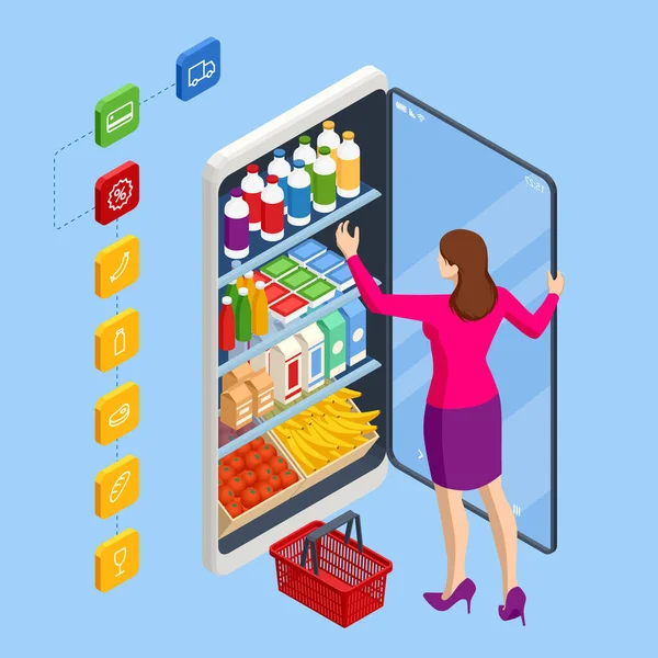 Isometrisk livsmedelsaffär, mat och äter på nätet köp och leverans. E-handel koncept beställa mat på nätet webbplats. E-tjänst för leverans av hälsokost. — Stock vektor