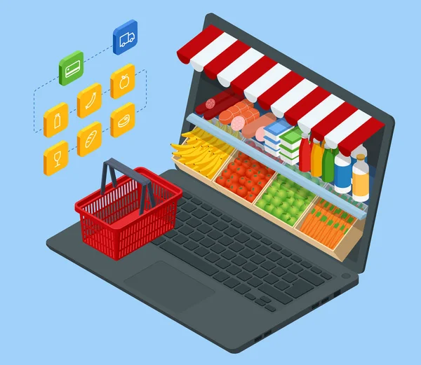 Isometric Market, Gıda ve Yeme Çevrimiçi Alış ve Teslimat. E-ticaret konsepti çevrimiçi yemek siparişi sitesi. Çevrimiçi sağlık gıda hizmeti. — Stok Vektör