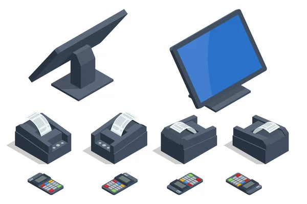 Üzlet pénztárgép berendezések izometrikus készlete. Modern tablet POS terminál vonalkód szkennerrel és nyugtázó nyomtatóval. — Stock Vector