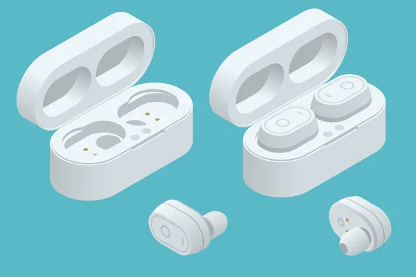 White Wireless Earphone and Case ізольовані на білому тлі. Блакитні навушники в ізометричному дизайні. Bluetooth навушники для прослуховування аудіо — стоковий вектор