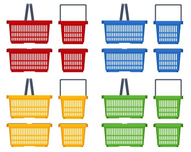 Beyaz arka planda plastik alışveriş sepetleri. Kırmızı, sarı, mavi, yeşil plastik alışveriş sepetleri.