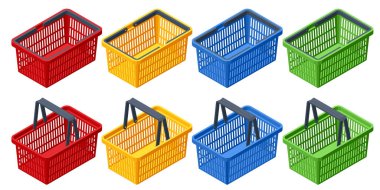 Beyaz arka planda plastikten yapılmış alışveriş sepetleri. Kırmızı, sarı, mavi, yeşil plastik alışveriş sepetleri