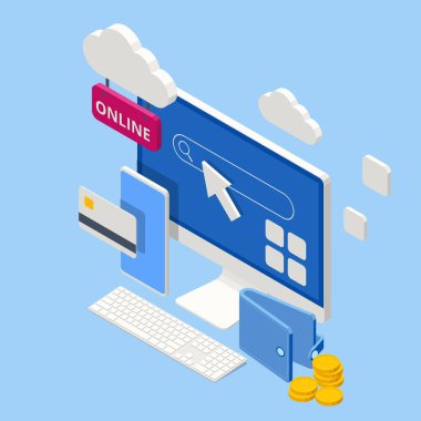 Mobil, Kredi Kartları ve Dükkan Elemanlarıyla Isometric Online Alışveriş Mağazası. İnternet sitesinde alışveriş sitesi. Satış Bayrağı veya Terfi