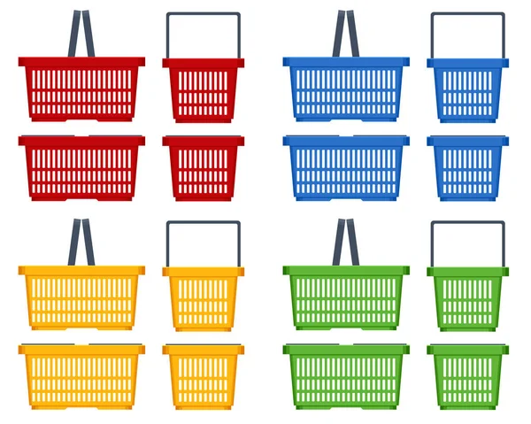 Conjunto de cestas de plástico sobre fondo blanco. Cestas de compra de plástico rojo, amarillo, azul, verde Vista lateral — Vector de stock
