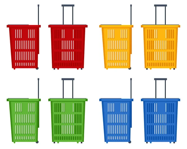 白い背景にプラスチック製のショッピングバスケットのセット。赤、黄色、青、緑のプラスチックショッピングバスケットサイドビュー — ストックベクタ