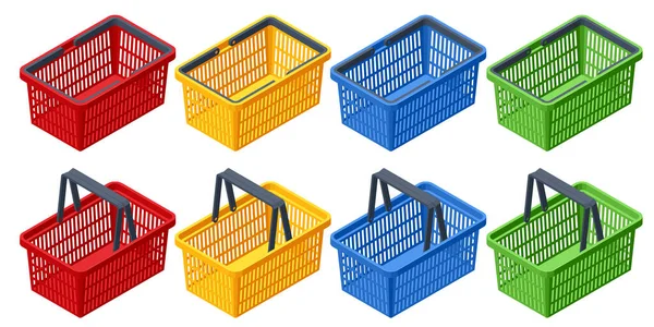 Isométrico Conjunto de cestas de plástico sobre fondo blanco. Cestas de compra de plástico rojo, amarillo, azul, verde — Vector de stock