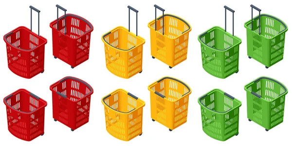 Isometric Set of plastic shopping baskets on white background. Red, yellow, blue, green plastic shopping baskets — Stock Vector