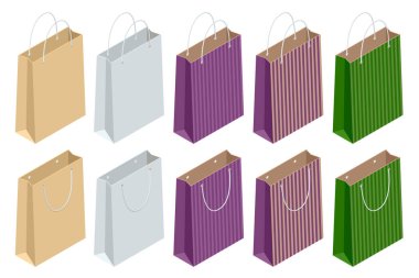 Geri Dönüşümlü Kâğıt Alışveriş Torbası. Beyaz arkaplanda izole edilmiş kulplu katlanmış kağıt torba