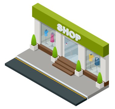 Beyaz arka planda Dressed Mankenleri olan Isometric Butik Penceresi. Perakende ya da Giyim Dükkanı