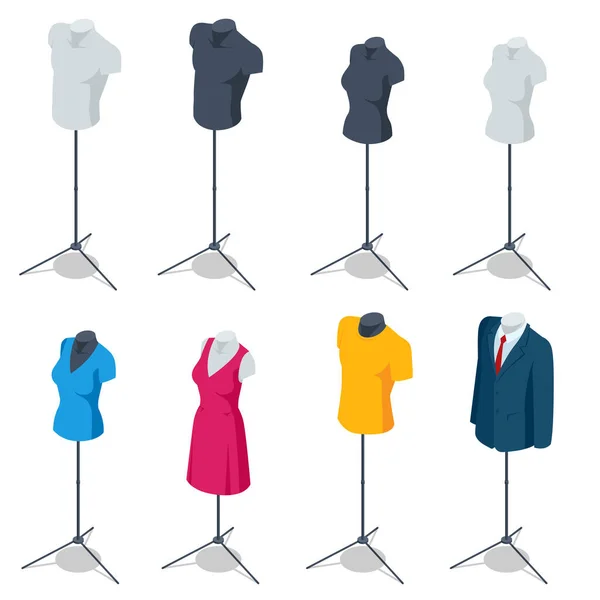 Isometrische männliche und weibliche Mannequin Kleid Form Torso Stativ Display. Set von realistischen menschlichen Schaufensterpuppen isoliert auf weißem Hintergrund. — Stockvektor