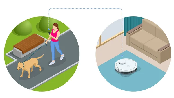 Isometric Robot Vacuum Cleaner realiza a limpeza automática do apartamento em um determinado momento. Mulher controlando vácuo com controle remoto. Casa inteligente. — Vetor de Stock