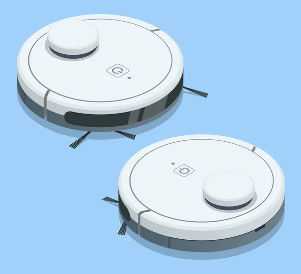 Изометрический роботизированный пылесос. Умный дом. Робот-пылесос общается со смартфоном по беспроводной связи. — стоковый вектор