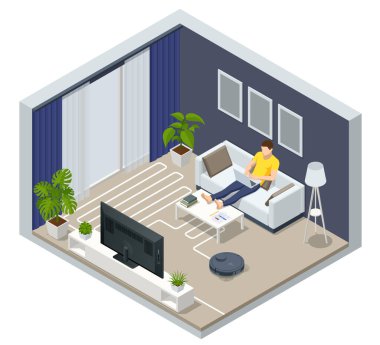 Isome Robot elektrikli süpürgesi daireyi belli bir zamanda otomatik olarak temizliyor. Boşluğu uzaktan kumandayla kontrol ediyorum. Akıllı ev.