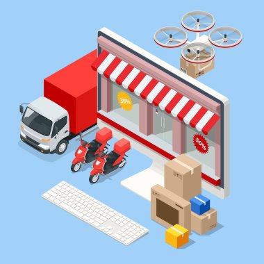 Isometric online alışveriş konsepti. Eve ve ofise teslimat. Çevrimiçi alışveriş afişi, mobil uygulama şablonları. Şehir lojistiği. İnternet sitesindeki online alışveriş mağazası. Mobil pazarlama ve e-ticaret.