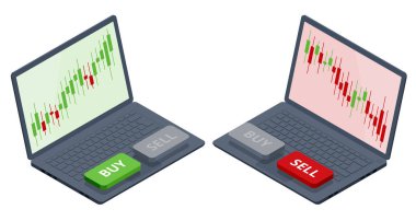 Isometric Yatırım ve Borsa Kazancı ve Kırmızı ve Yeşil Mum Çizelgeleri. Borsa Grafiği, Analiz UI, dizüstü bilgisayarda UX. İkili Seçenek Ticaret için Uygulama Ekranı