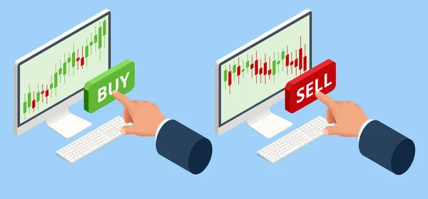 Isometric Investing and Stock Market Gain and Profits with Red and Green Candlestick Charts. Graphique du marché boursier, analyse UI, UX sur ordinateur portable. Option binaire. Écran App pour le trading — Image vectorielle