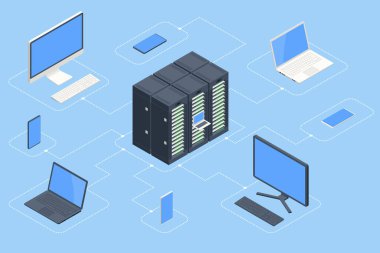 Isometric veri merkezi ve ağ elemanları. Sunucu odası veri merkezi. Büyük modern veri merkezi, sunucu odası