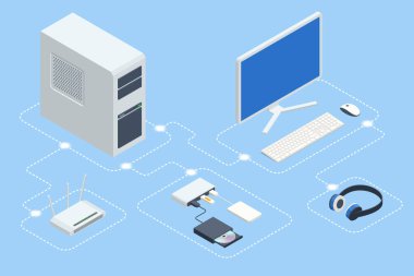 İzometrik dijital cihazlar. Ev bilgisayar ağı. Ev Wi-Fi ağı. Bilgisayardaki yönlendirici ile internet. Bilgisayar ve çevresel eşyalar, multimedya, ev ofis malzemeleri.