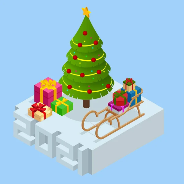 Año Nuevo Isométrico 2021 y árbol de Navidad. Fondo de Navidad y Año Nuevo. — Archivo Imágenes Vectoriales