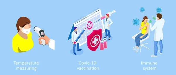 Isometrisk vaccinering och immunisering, Dags att vaccinera, Online medicinsk rådgivning, recept koncept. Medicinsk industri. — Stock vektor