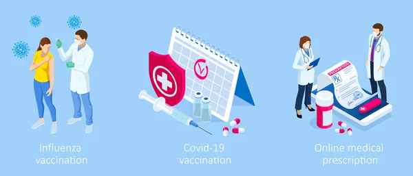Isometrisk vaccinering och immunisering, Dags att vaccinera, Online medicinsk rådgivning, recept koncept. Medicinsk industri. — Stock vektor